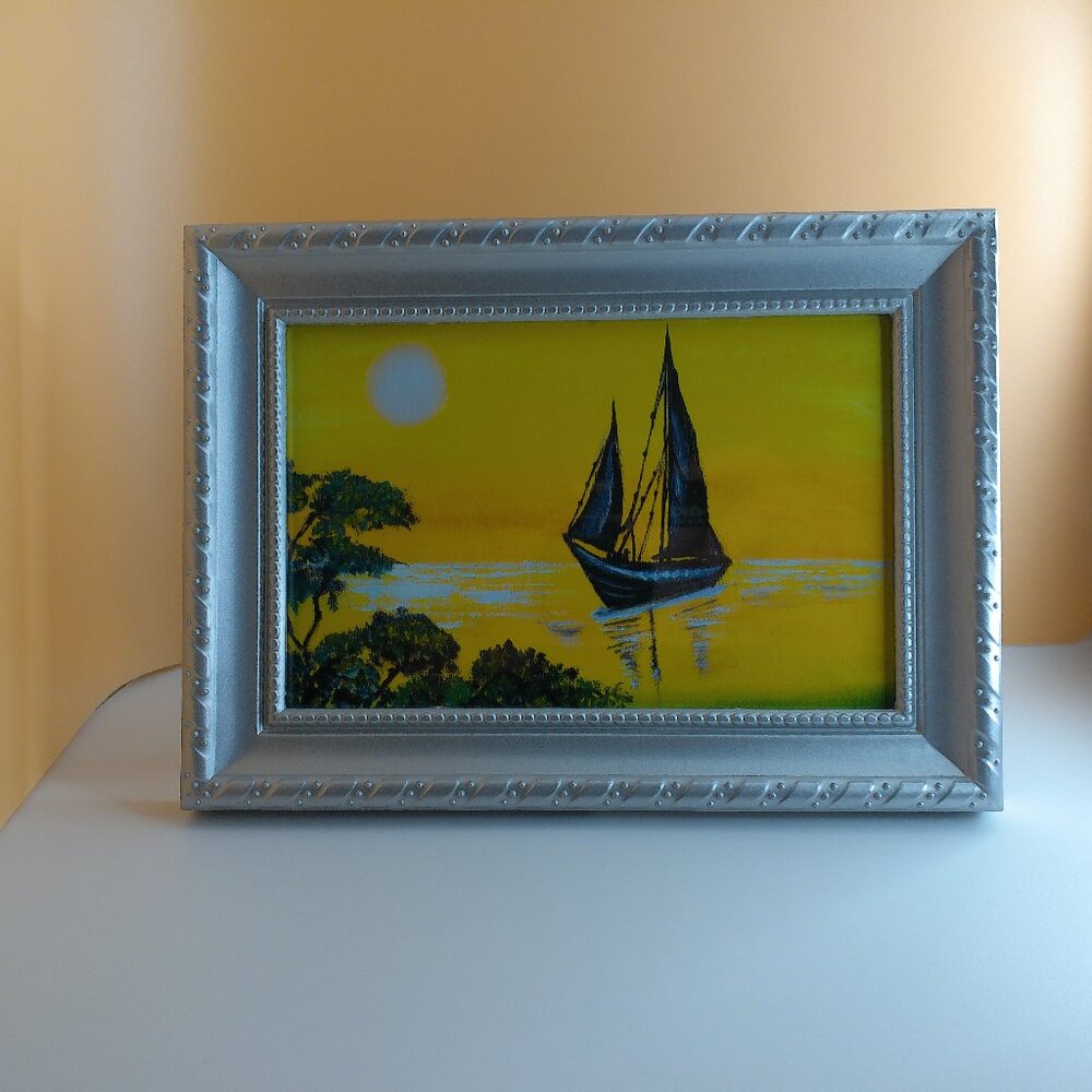 Black Sailing Boat, 4x6 Art print within a new silver color Frame